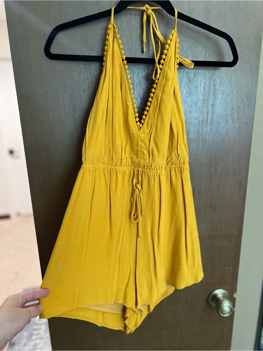 Forever 21 Mustard Yellow Crochet-Trim Halter Romper